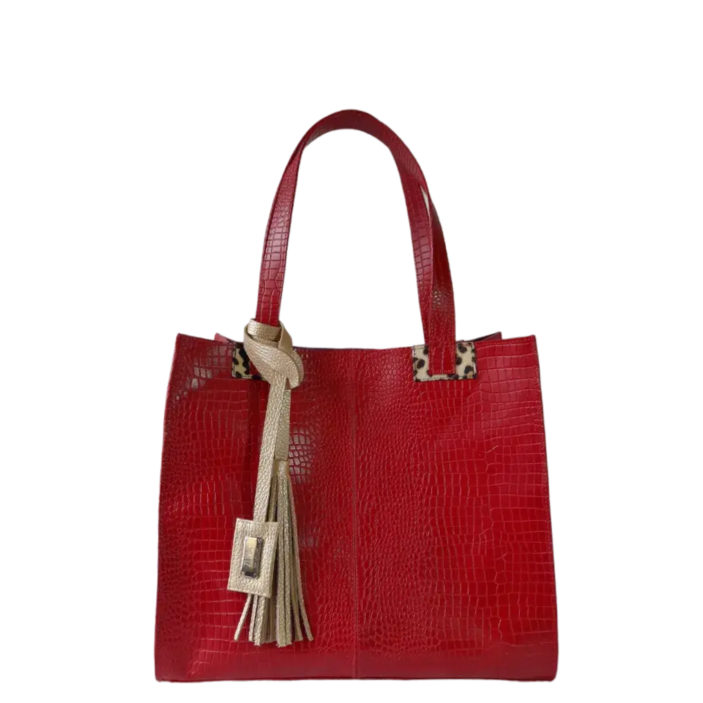 Sara women's leather bag, red reptile