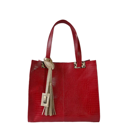 Sara women's leather bag, red reptile