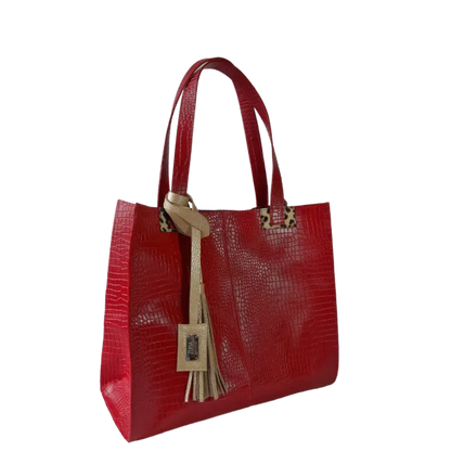 Sara women's leather bag, red reptile