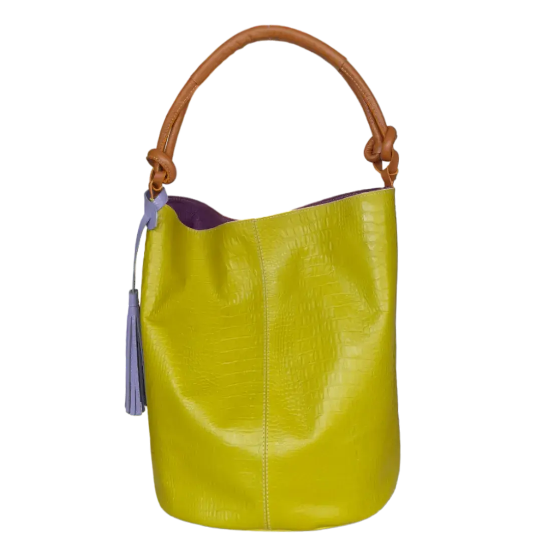 Olivia women's leather bag, lemon green reptile