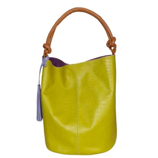 Olivia women's leather bag, lemon green reptile