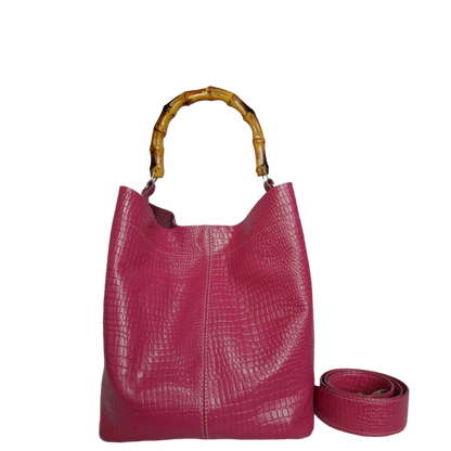 Claire women's leather bag in fuchsia reptile