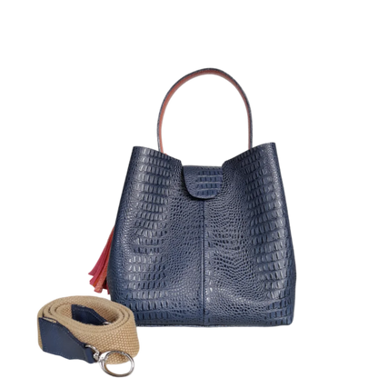 Lucia small leather bag for women, dark blue lizard