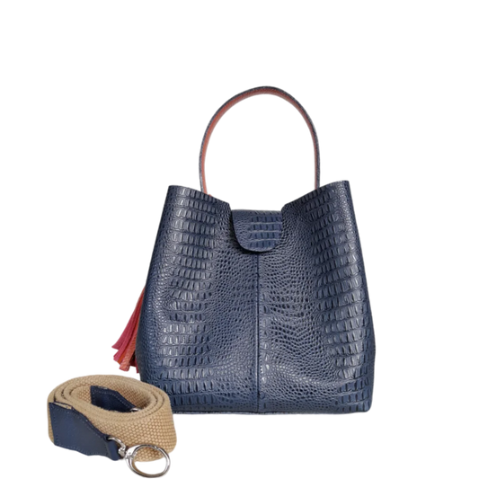 Lucia small leather bag for women, dark blue lizard