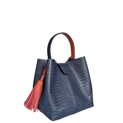 Lucia small leather bag for women, dark blue lizard