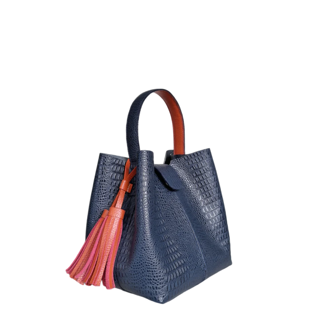 Lucia small leather bag for women, dark blue lizard