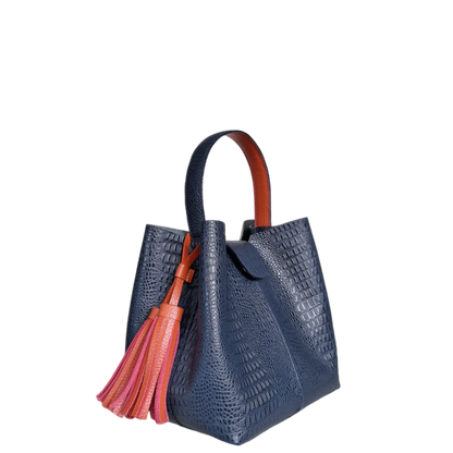 Lucia small leather bag for women, dark blue lizard