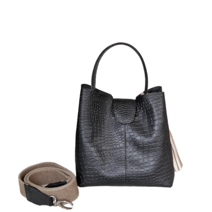 Lucia small leather bag for women, black reptile