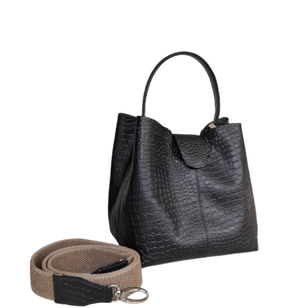 Lucia small leather bag for women, black reptile