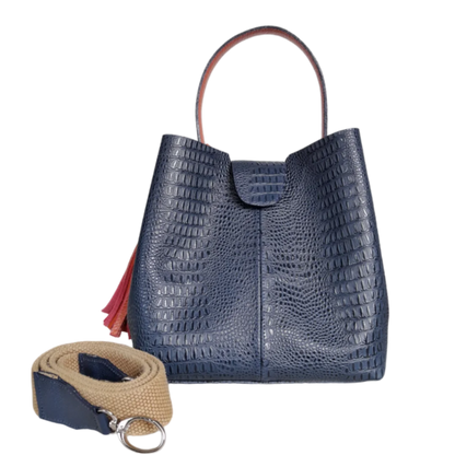 Camila women's large leather bag, dark blue lizard