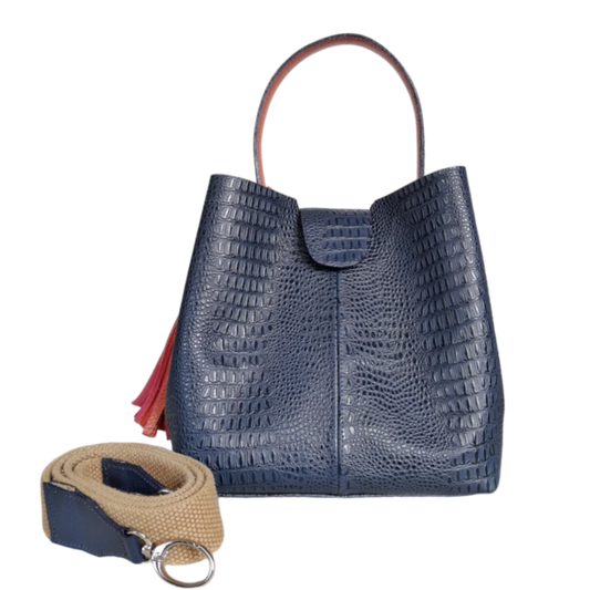 Camila women's large leather bag, dark blue lizard