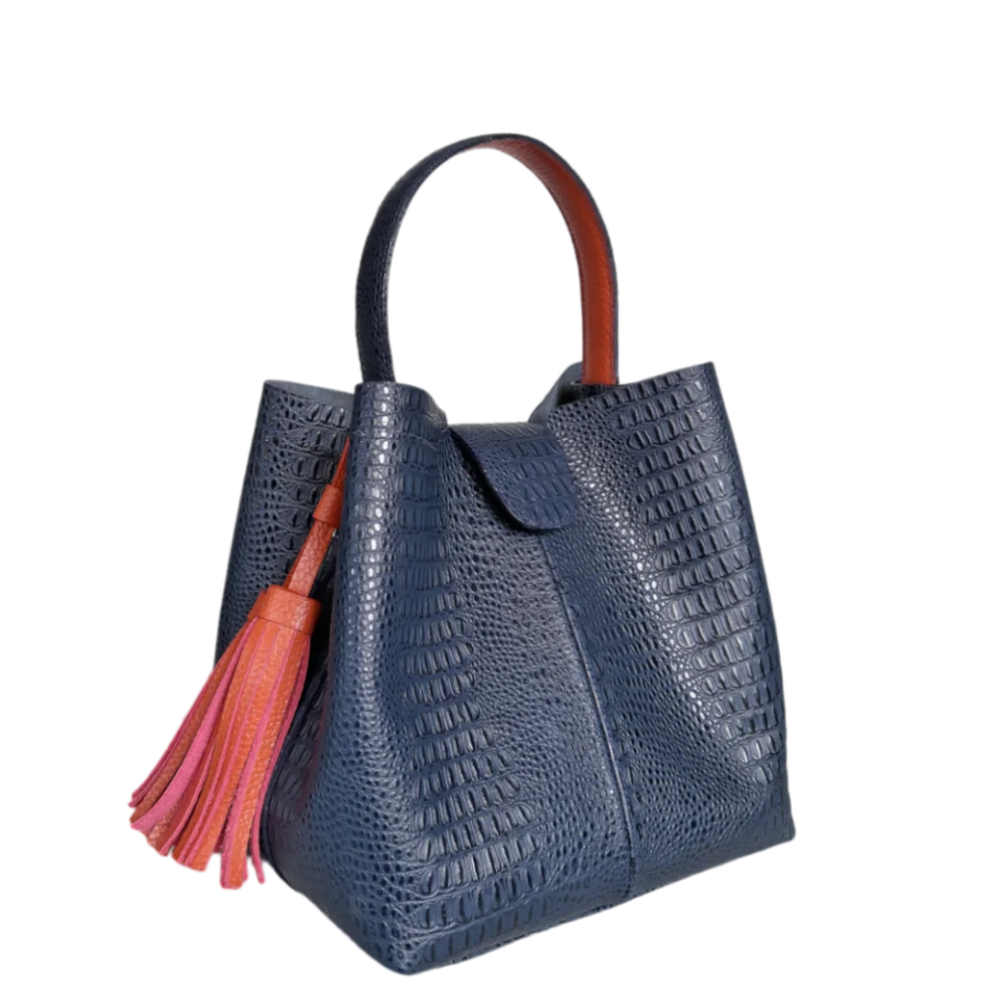 Bolso grande en cuero para mujer Camila lagarto azul oscuro