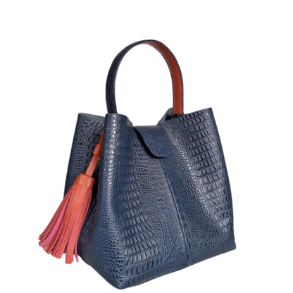 Bolso grande en cuero para mujer Camila lagarto azul oscuro