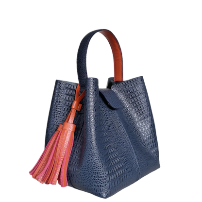 Bolso grande en cuero para mujer Camila lagarto azul oscuro