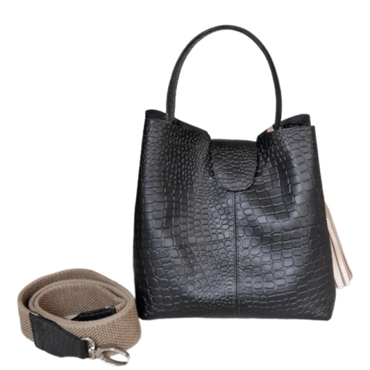 Camila large leather bag for women, black reptile