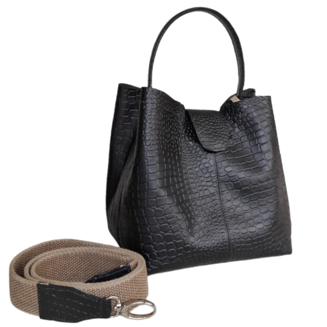 Camila large leather bag for women, black reptile