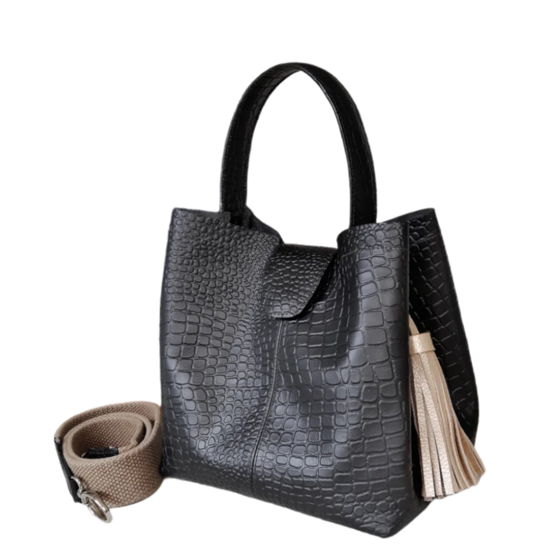 Bolso grande en cuero para mujer Camila reptil negro