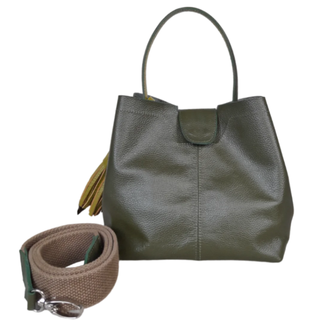 Camila large leather bag for women in olive green