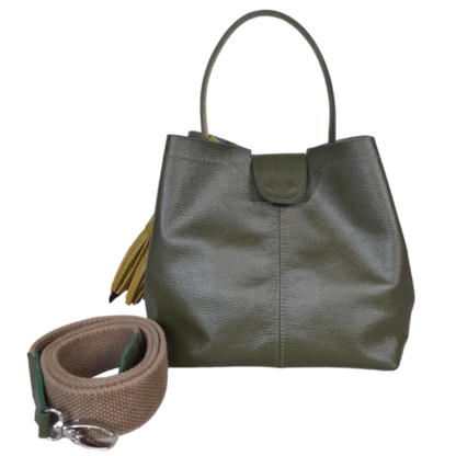 Camila large leather bag for women in olive green