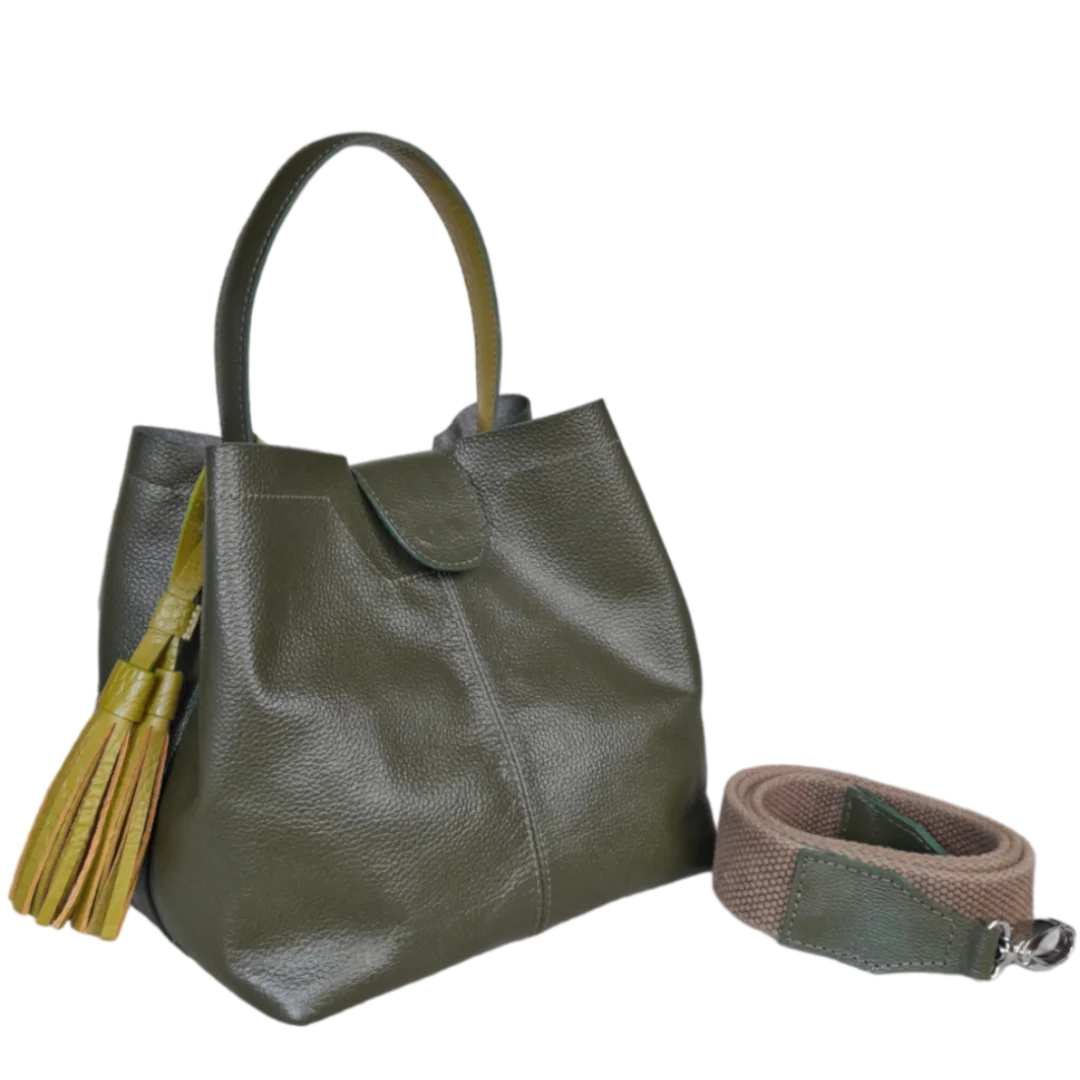 Camila large leather bag for women in olive green