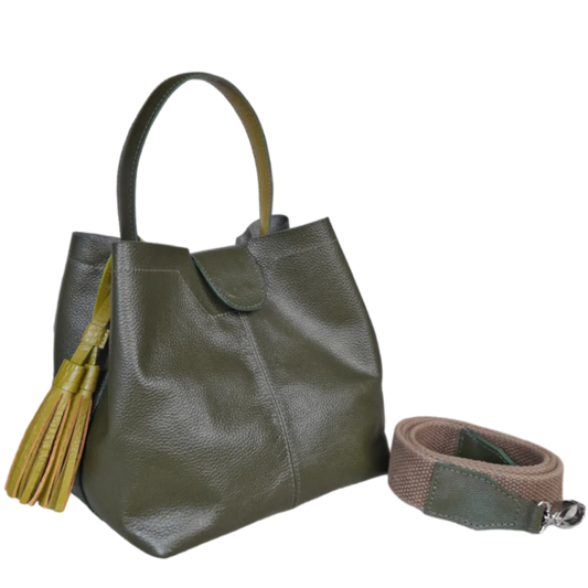 Camila large leather bag for women in olive green