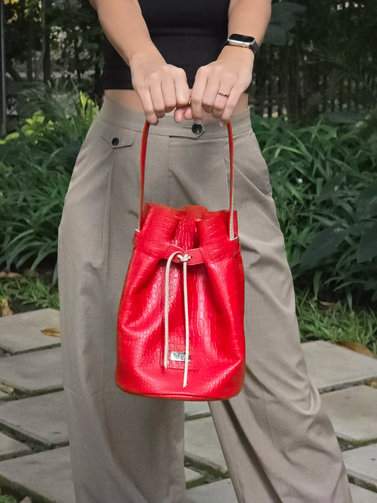 Bolso en cuero para mujer mediano Annete reptil rojo