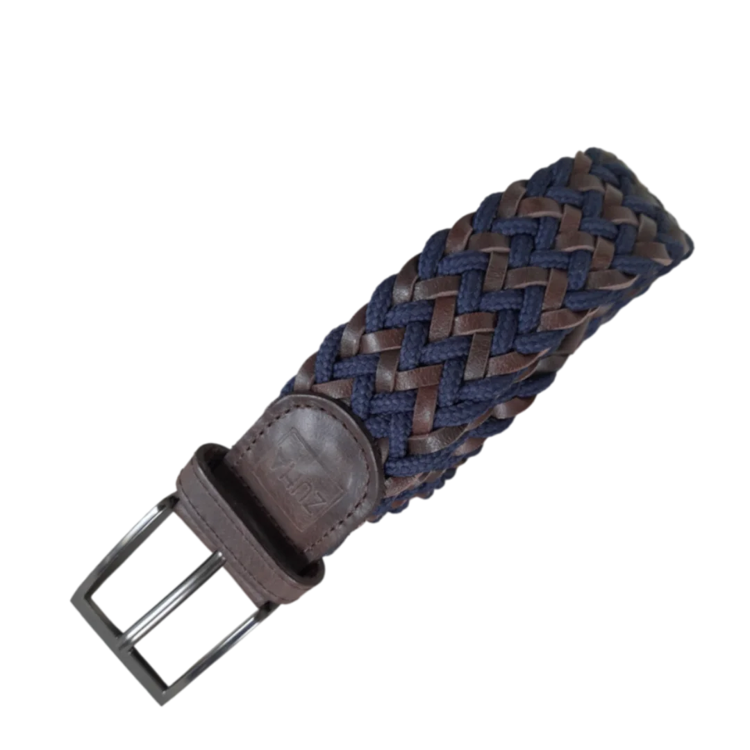 Cinturon trenzado para hombre en cuero y reata color cafe con azul oscuro.