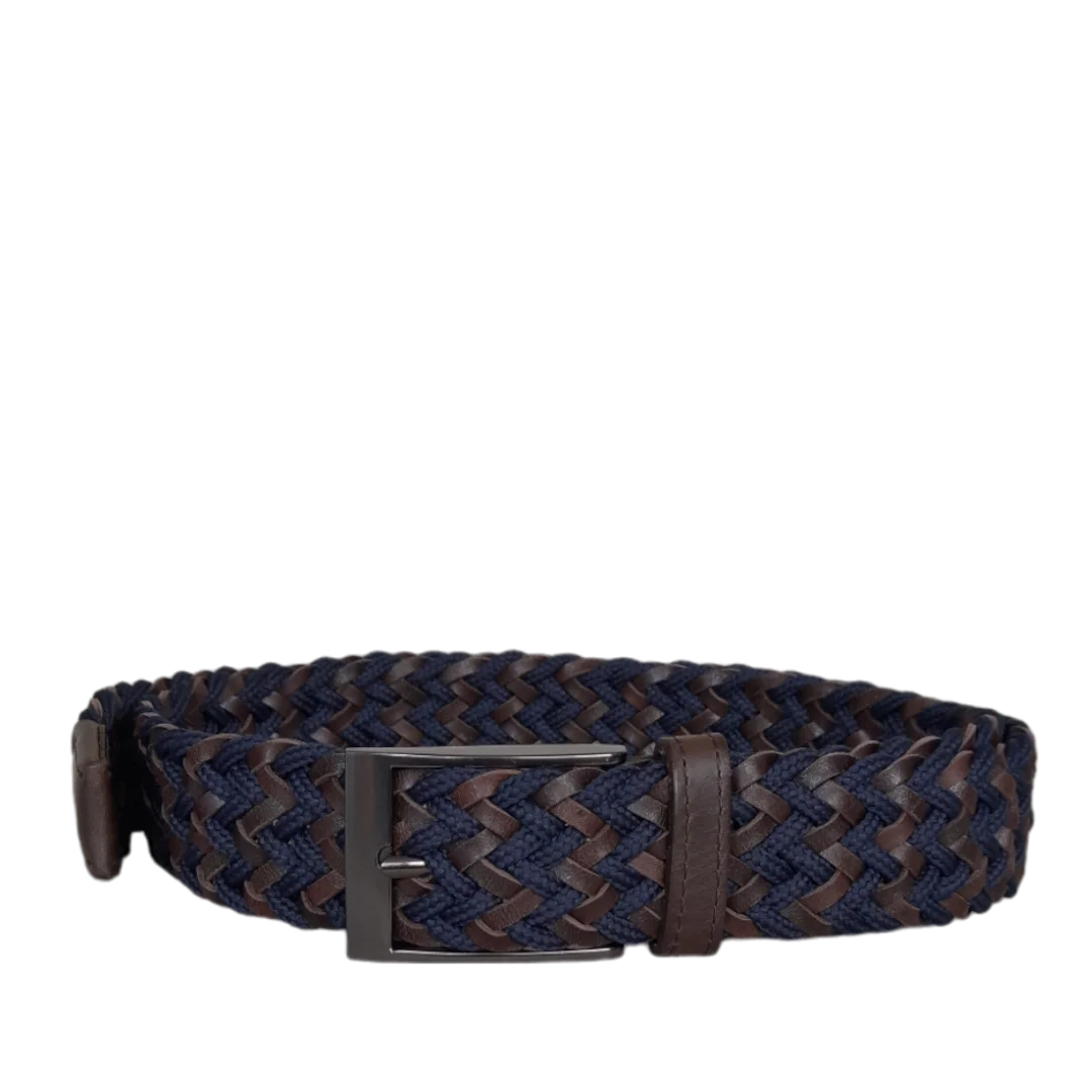 Cinturon trenzado para hombre en cuero y reata color azul oscuro con marron